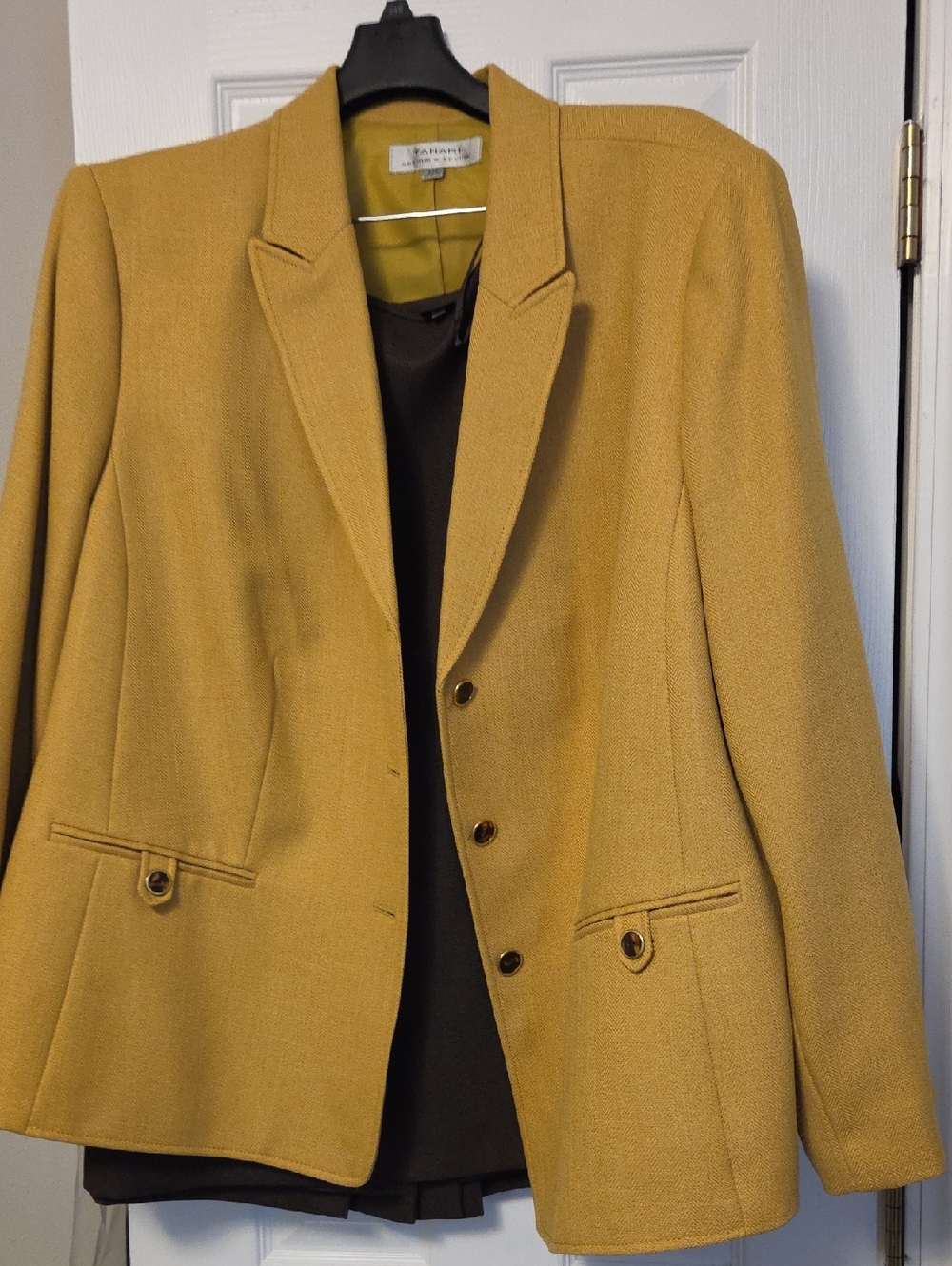 Tahari Golden Mustard Tailored Women's Blazer Jacket and Matching Brown Skirt